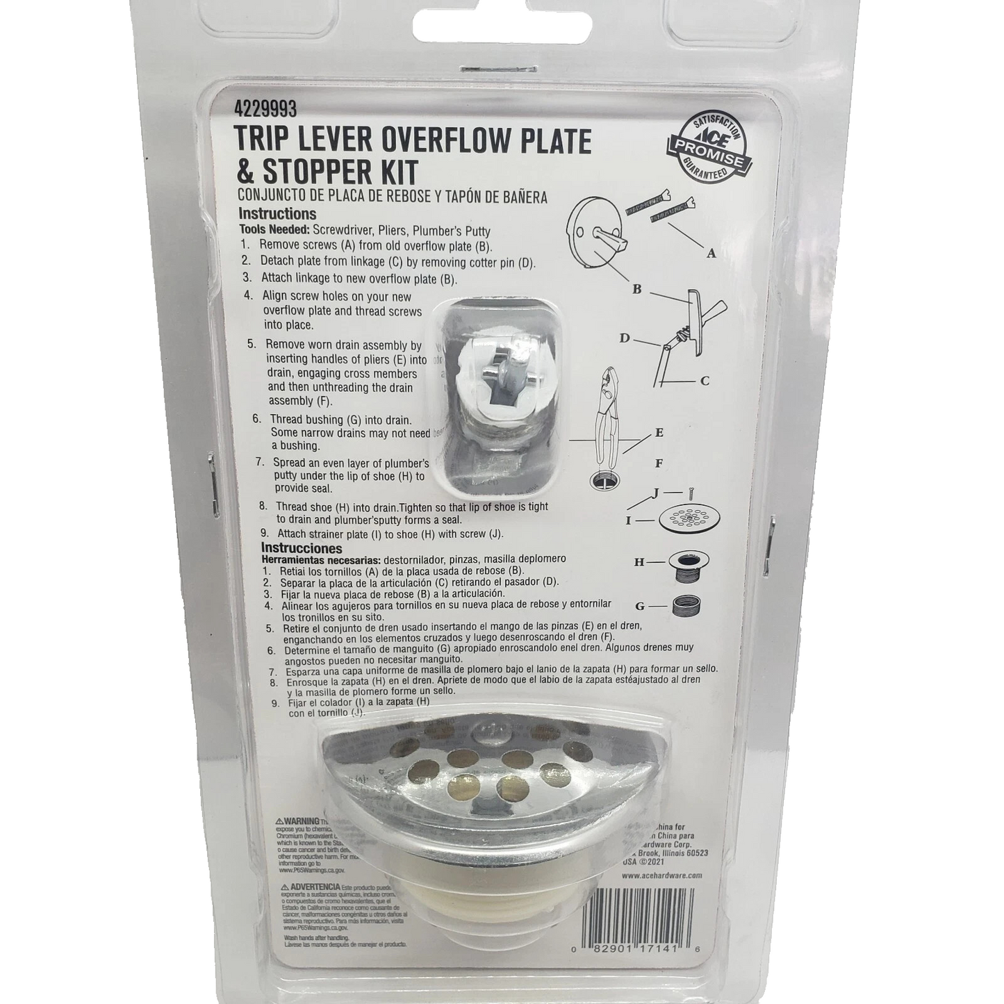 ACE Trip Lever Overflow Plate & Stopper Kit Chrome #4229993