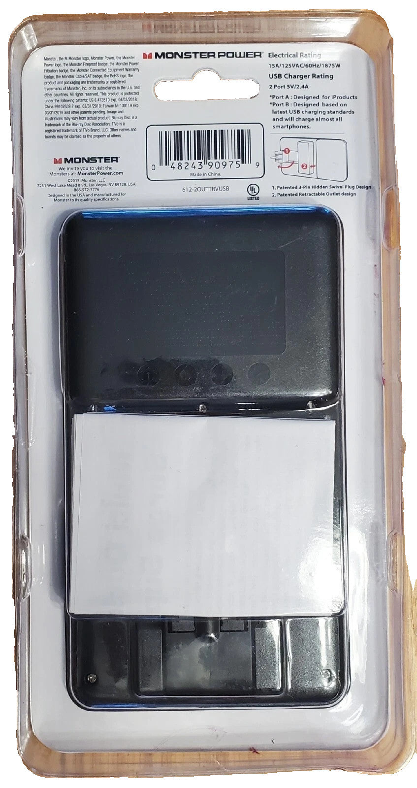 Monster Power Household Appliance USB Charging Port with 2 Outlets Ultra Slim