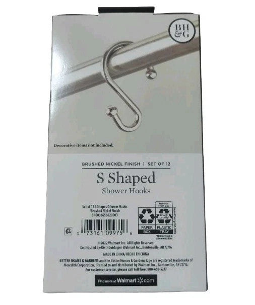 Better Homes & Gardens Brushed Nickel S Shaped Shower Hooks Set Of 12