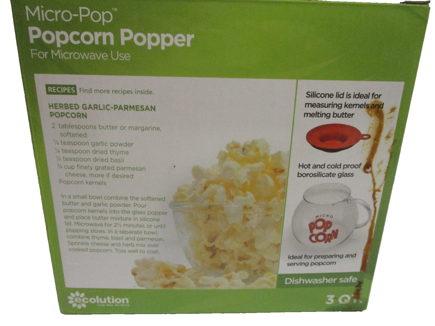Ecolution Micro Pop 3 Qt. Popcorn Microwave Popper Maker Glass
