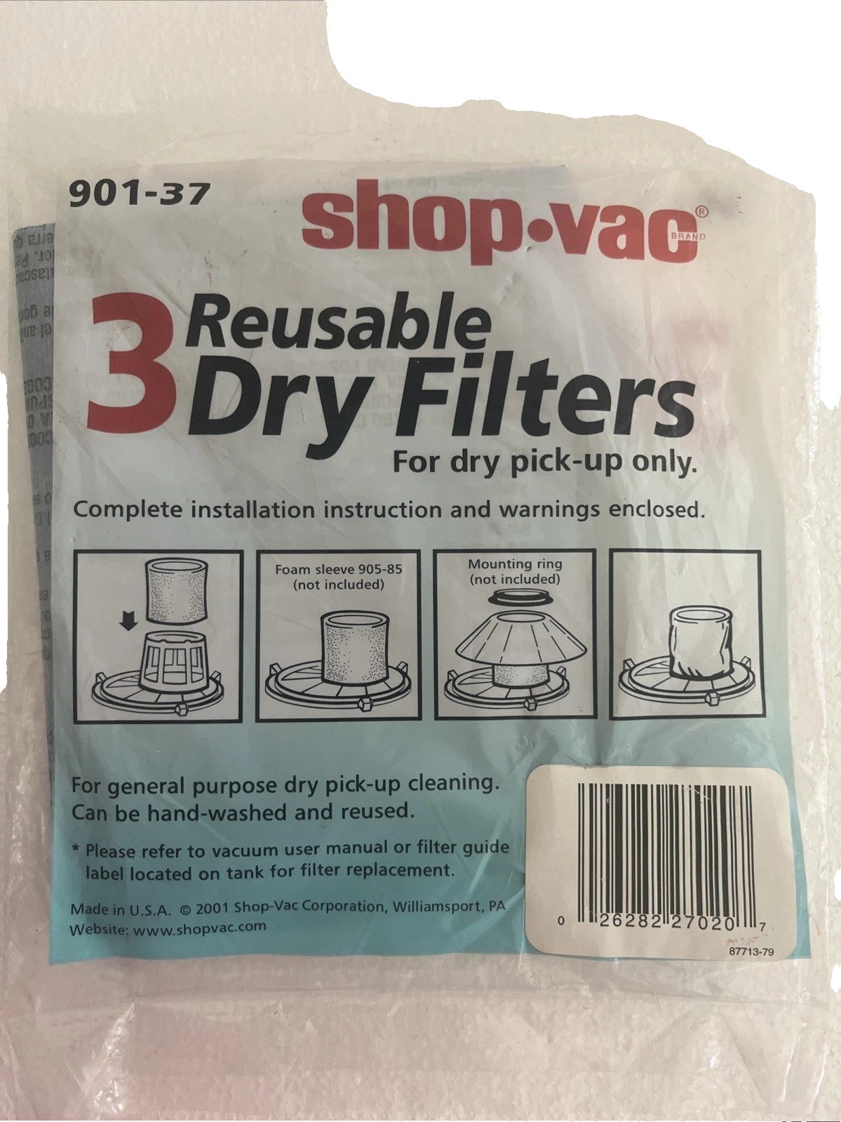 Shop Vac 3 Reusable Dry Pick-Up Only 901-37 Most Wet /Dry Vacs