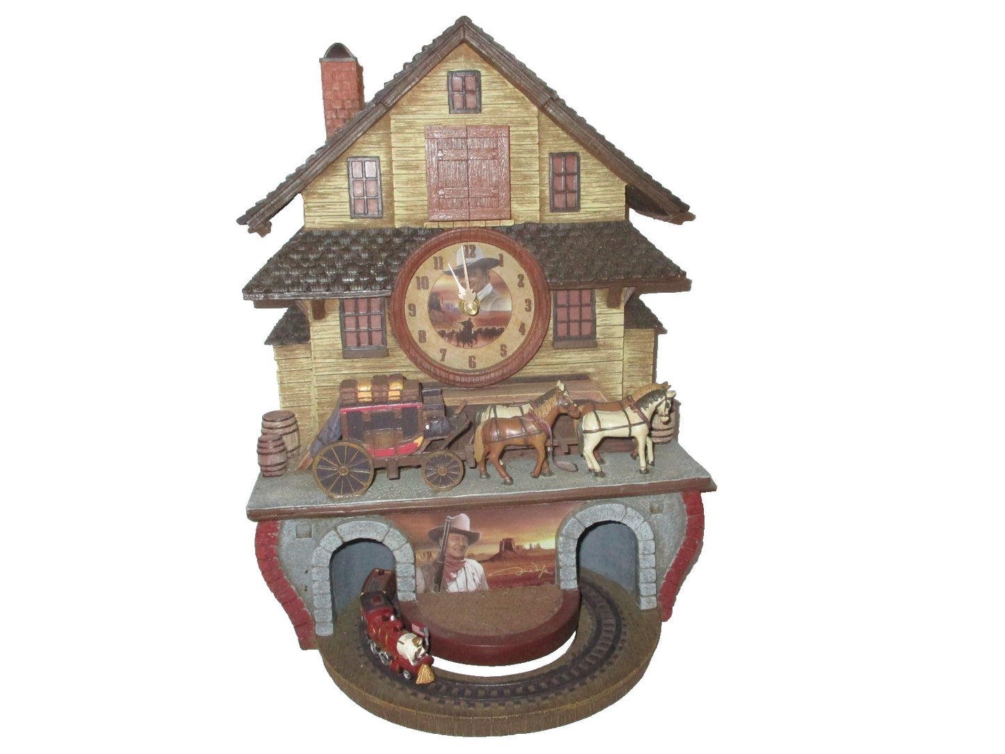The Duke Cuckoo Clock Bradford Exchange John Wayne Horse/Buggy & Train Set Rare