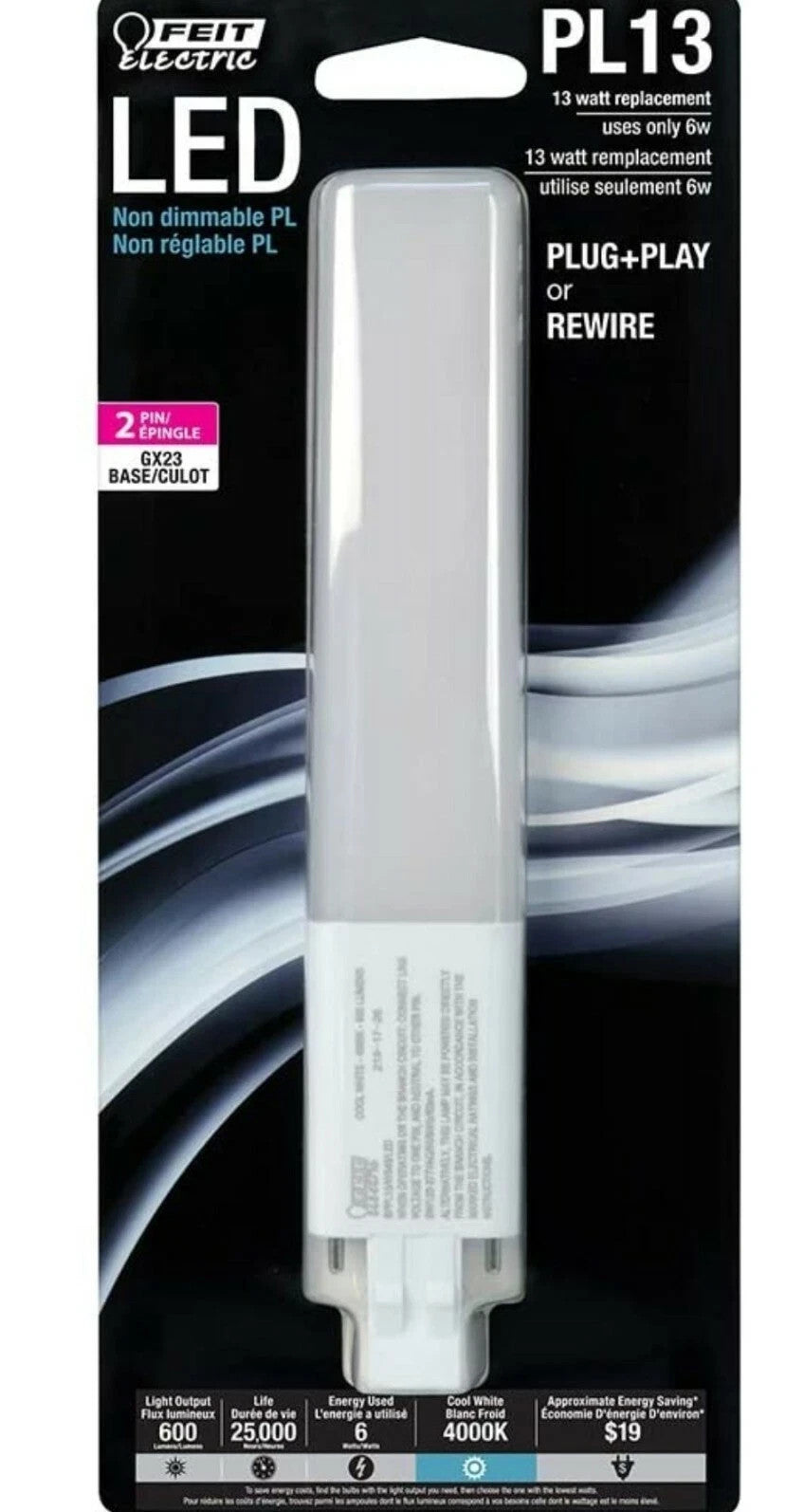 Feit Electric Led PL13 13 Watt Replacement Plug + Play Rewire Cool White 2 Pin