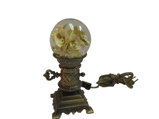 Vintage Brass Glass Globe Terrarium Lamp Accent Lightup White Roses Lantern Rare
