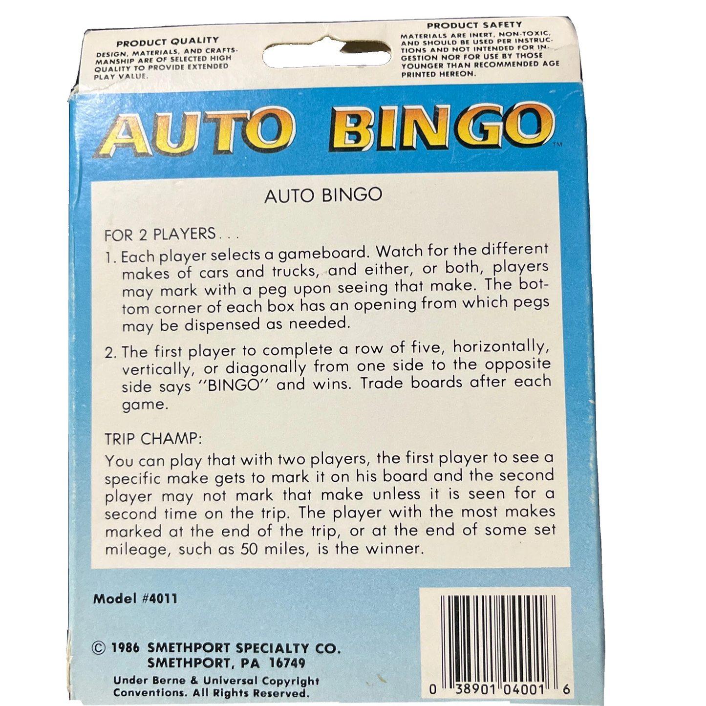 1986 Smethport Take Along Auto Bingo Model 4011 Vintage