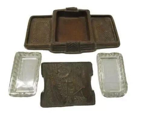 Vintage 1950's Art Deco Glass Desktop Ashtray with Wood Composite Card Holder