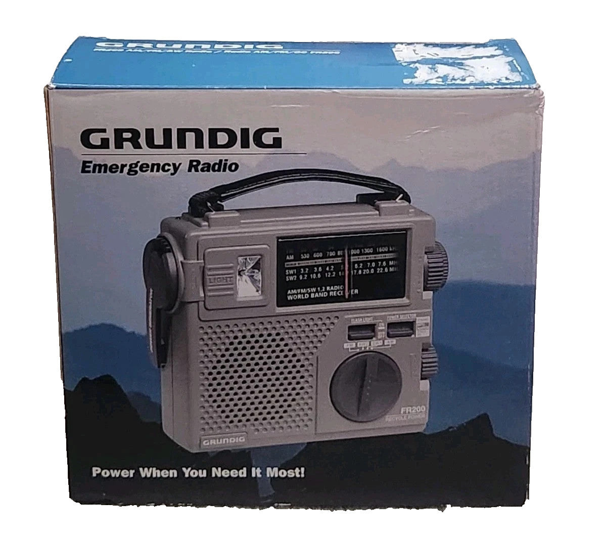 Grundig FR-200 AM FM SW Emergency Radio Built in Hand Crank Light Survival NOB