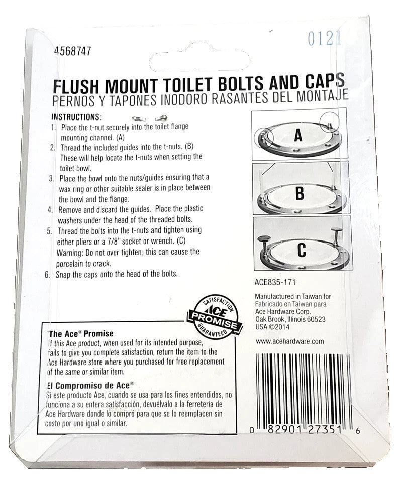 Ace Hardware 4568747 Flush Mount Toilet Bolts & Caps Brass Quick Install