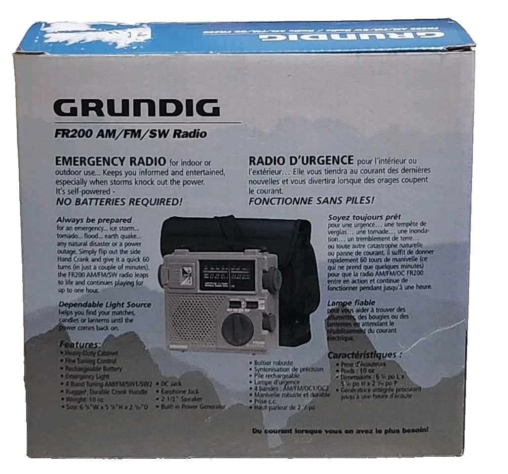 Grundig FR-200 AM FM SW Emergency Radio Built in Hand Crank Light Survival NOB
