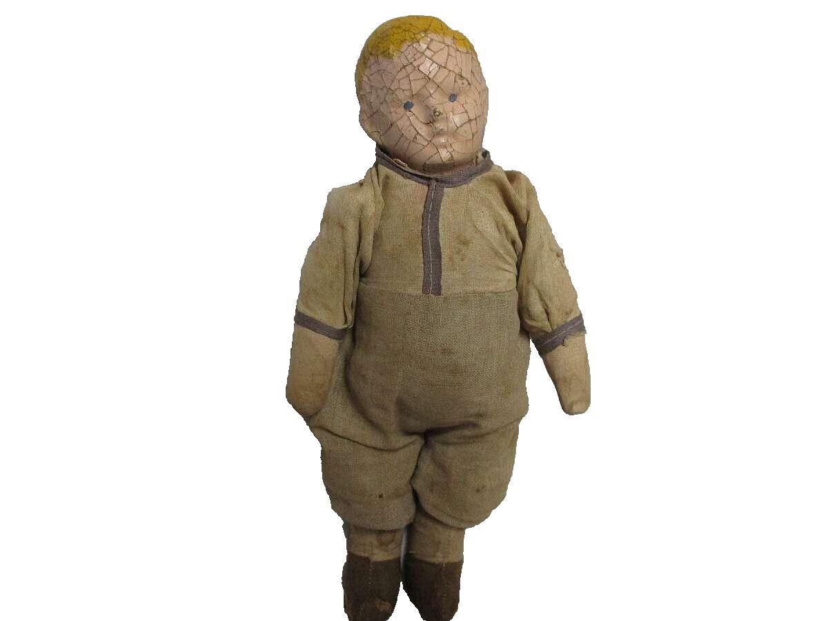 1900's Carnival & Novelty Boy Doll With Composition Head And Hay Filled Body