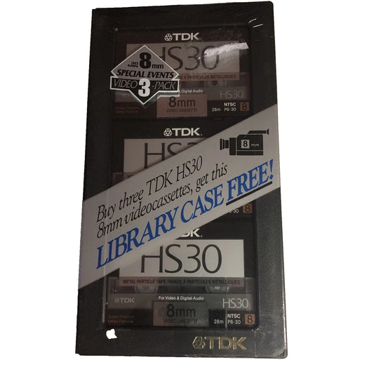 LOT OF 3 TDK HS30 8mm VIDEO CASSETTES W/ PLASTIC CASE