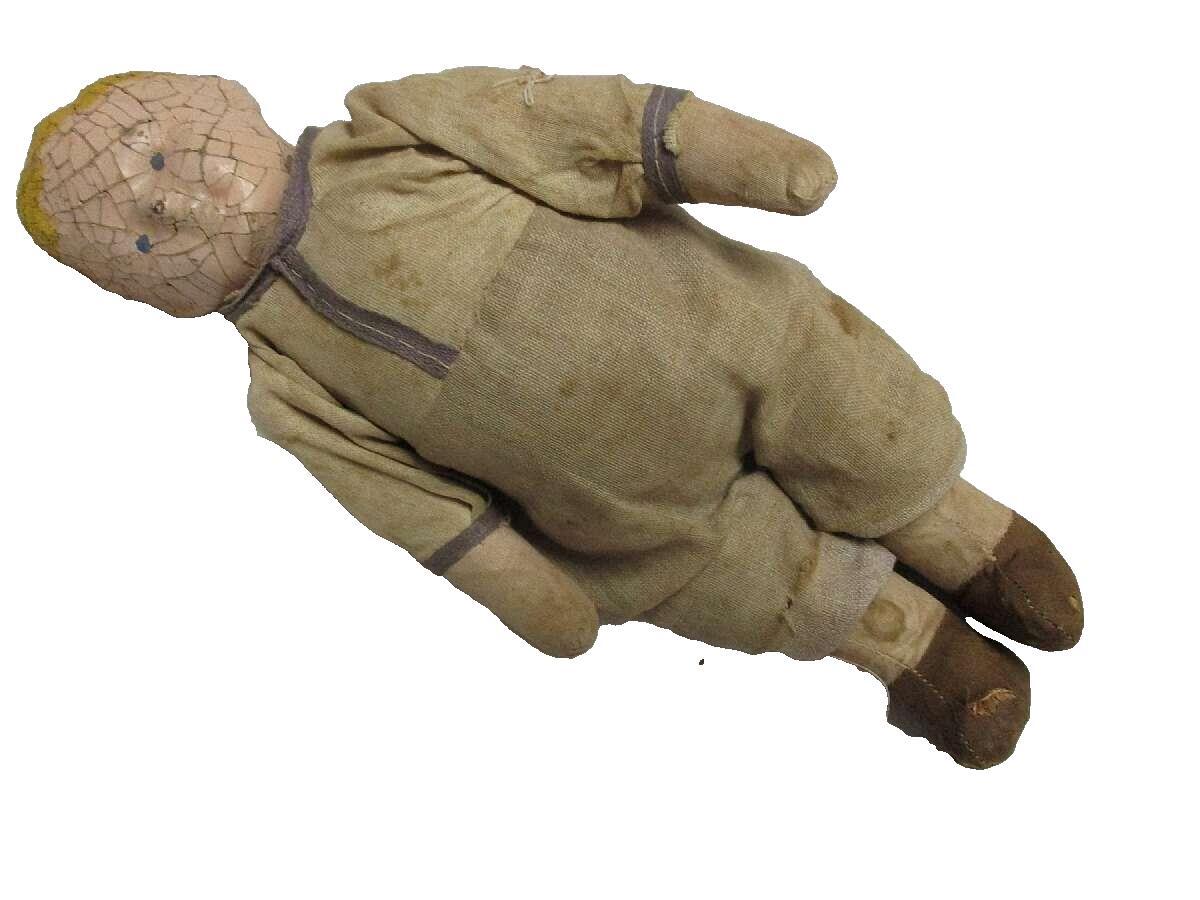 1900's Carnival & Novelty Boy Doll With Composition Head And Hay Filled Body