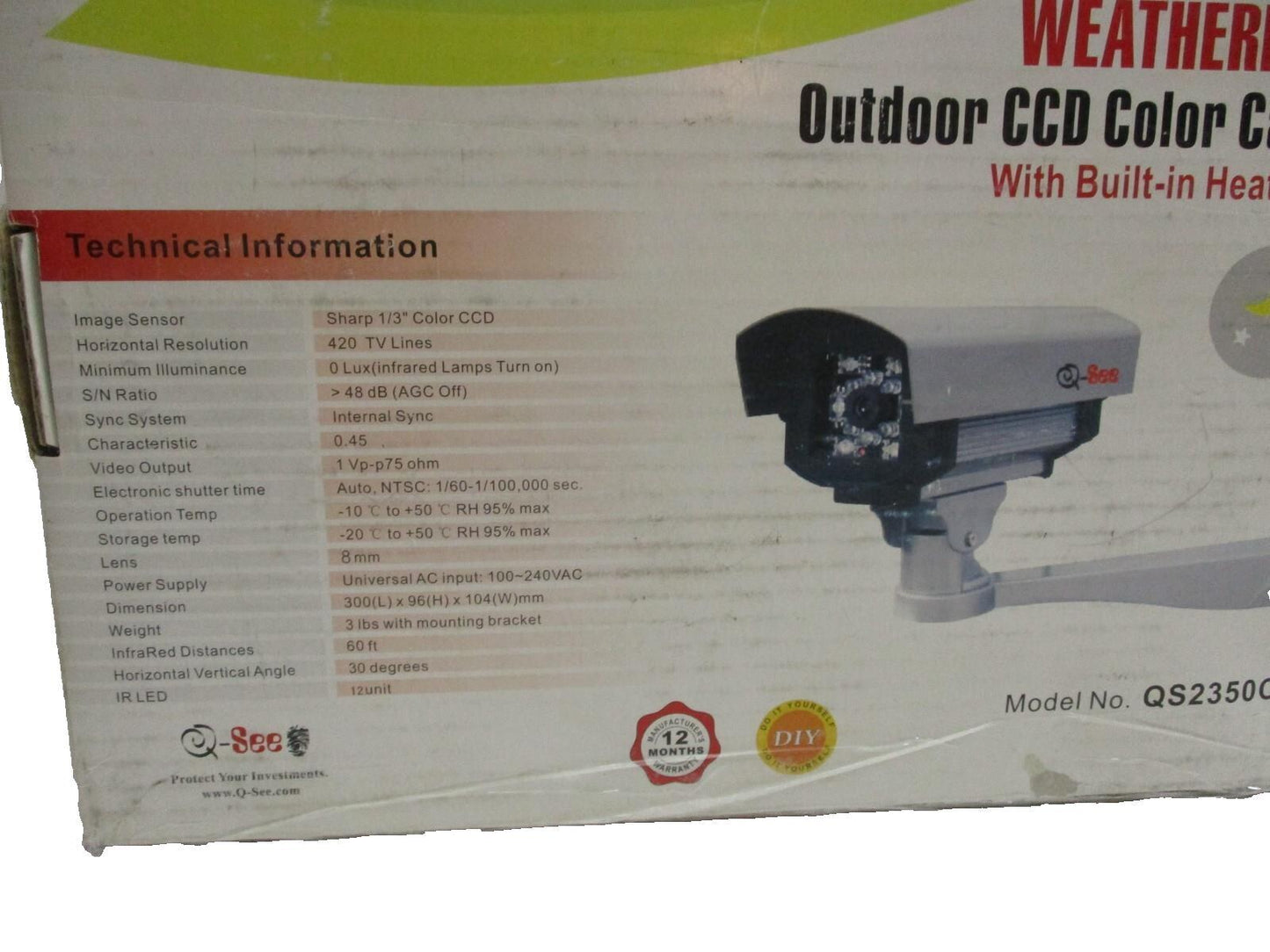 Q-See Weatherproof Outdoor CCD Color Camera Kit W Built-in Heat blower QS2350C