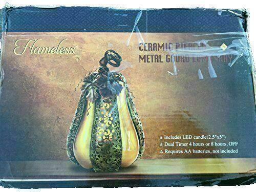 Home Decor Ceramic Pierced Metal Pumpkin Luminary W Flameless Candle