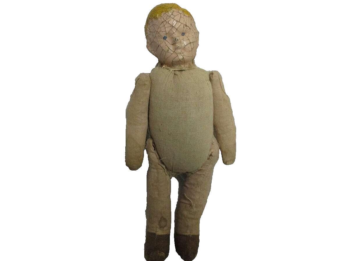 1900's Carnival & Novelty Boy Doll With Composition Head And Hay Filled Body