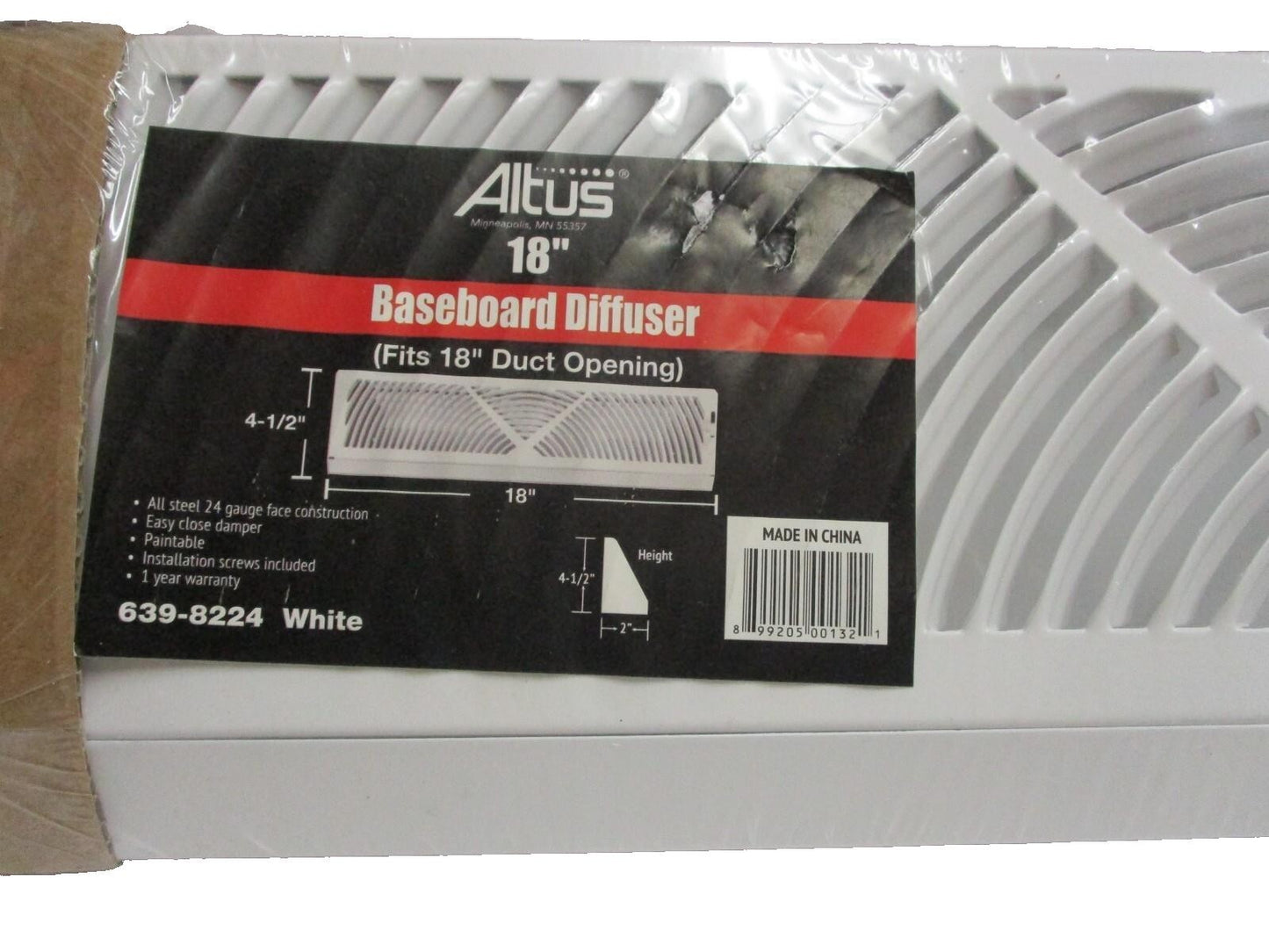 Altus 18" Baseboard Diffuser White Paintable Duct Air Heat Home 4.5" x 18"