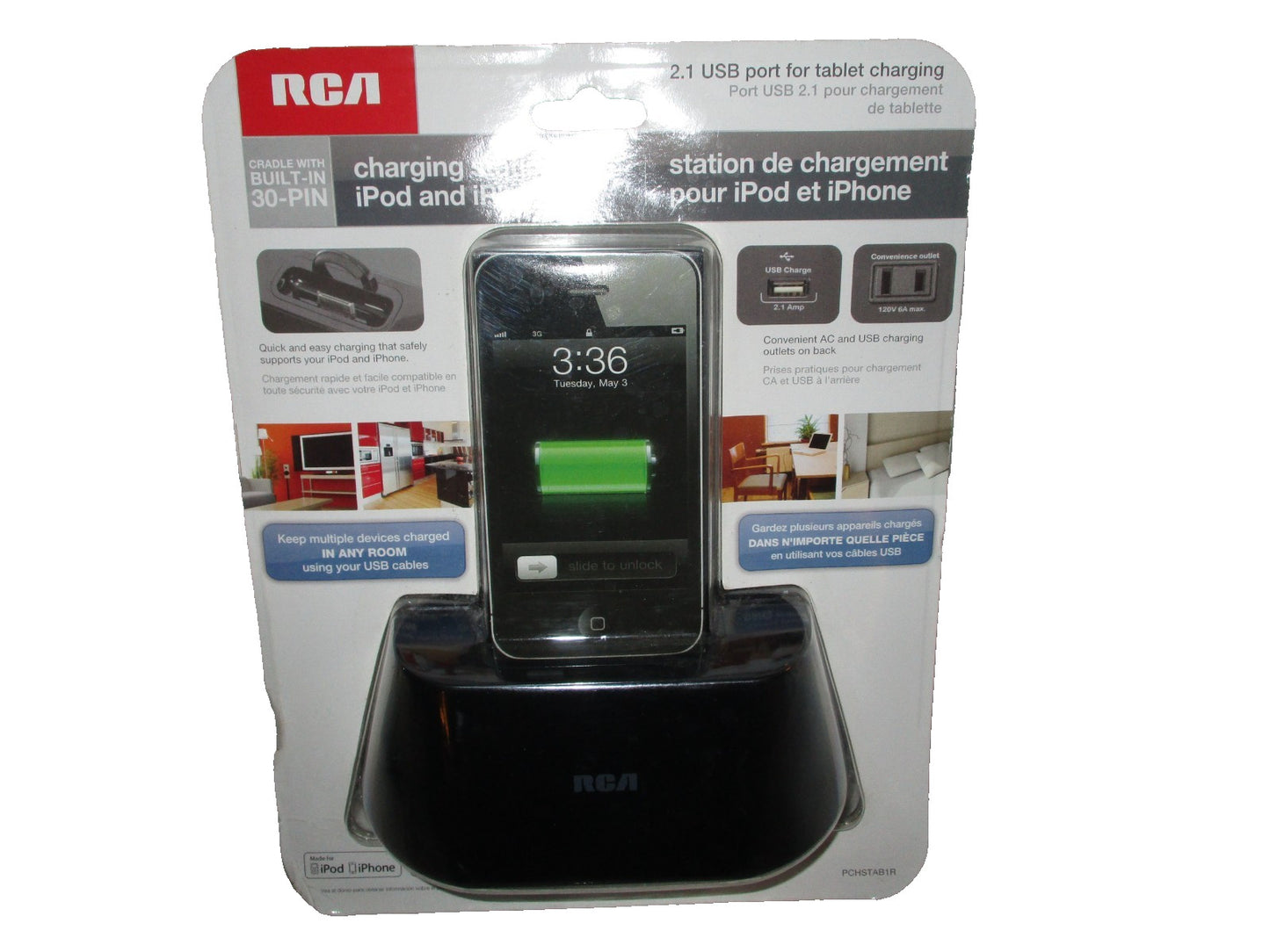 RCA CHARGING STATION FOR I POD & I PHONE 30 PIN 2.1 USB PRT #PCHSTAB1R