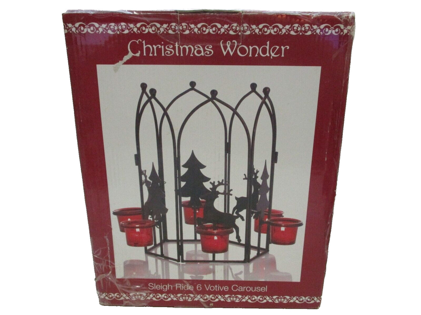 Vintage Christmas Wonder Sleigh Ride 6 Votive Carousel Glass Candle Holders