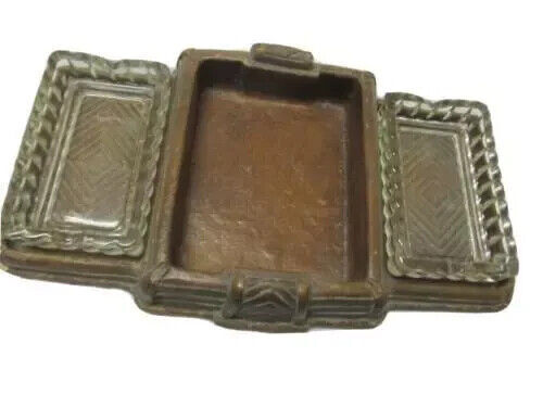 Vintage 1950's Art Deco Glass Desktop Ashtray with Wood Composite Card Holder