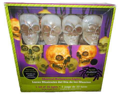 Gemmy Skull Musical Blinking with 10 String Lights Plays Halloween Theme Song