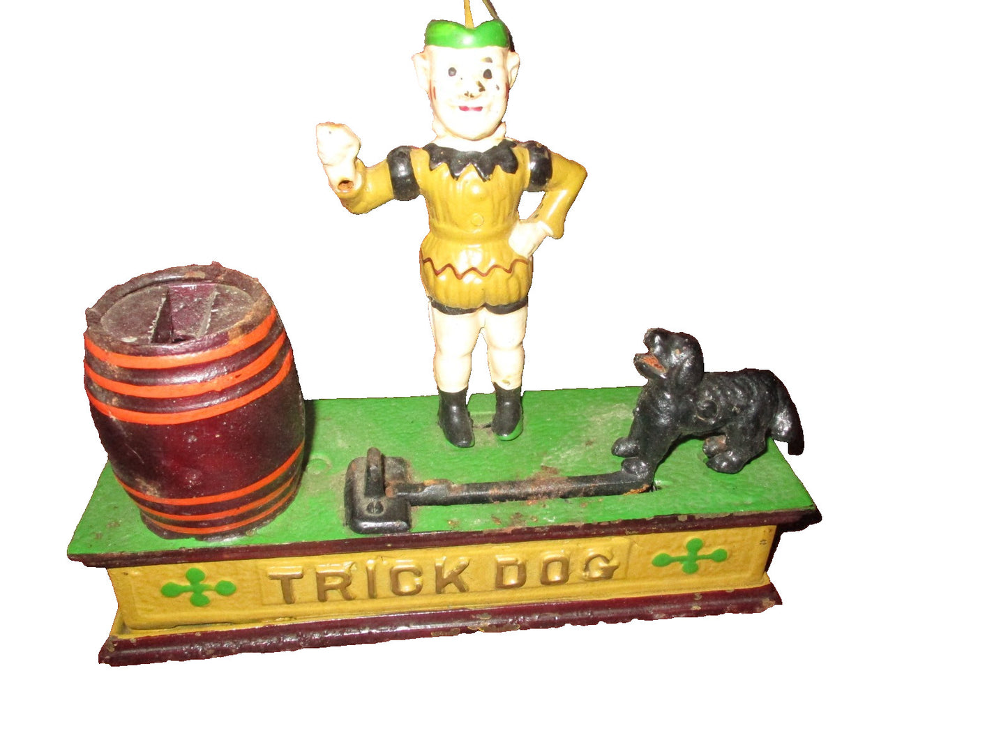 Vintage Cast Iron Mechanical Coin Bank Trick Dog with Clown for Parts or Repair