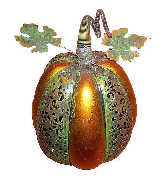 Home Decor Ceramic Pierced Metal Pumpkin Luminary W Flameless Candle