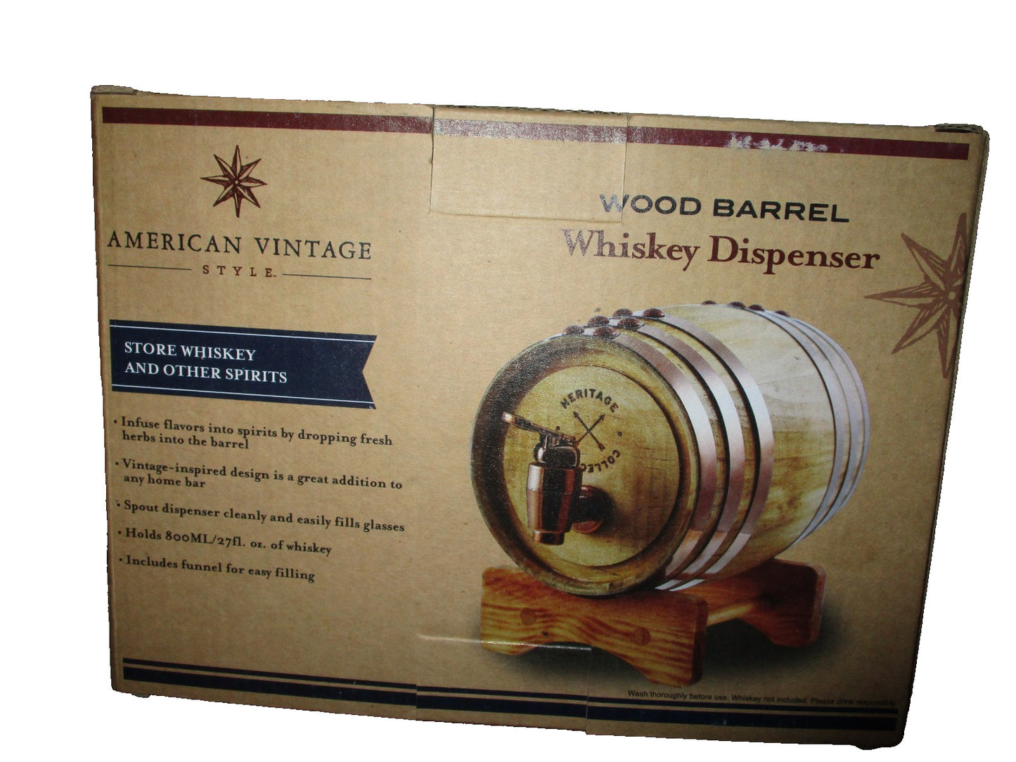 Wood Whiskey Barrell Drink Dispenser By Refinery & Co. 27 Fluid oz