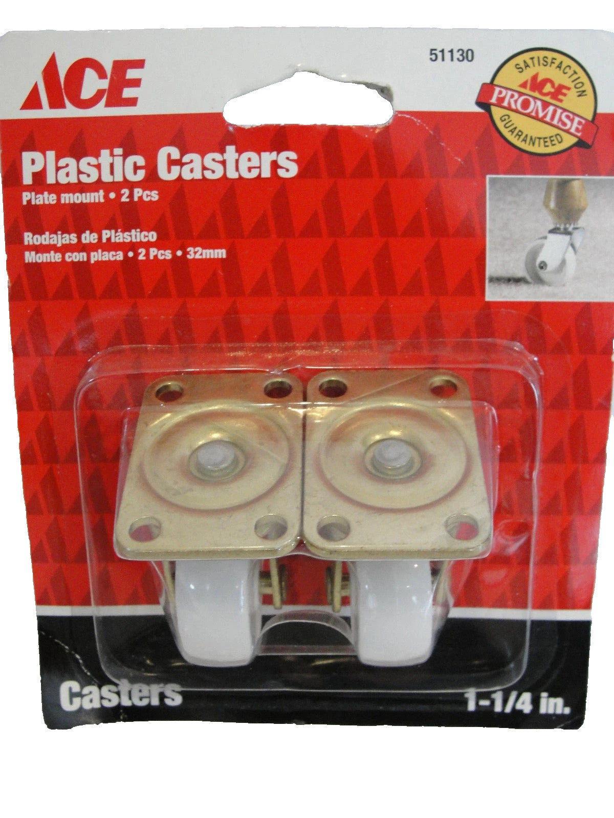 ACE 1-1/4" Plate Mount White Plastic Casters, # 51130