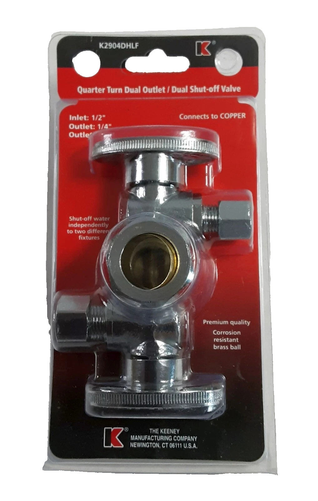 3/8”x1/4” KEENEY 250 PSI Three-Way Quarter Turn Dual Shut-Off Valve K2904DHLF