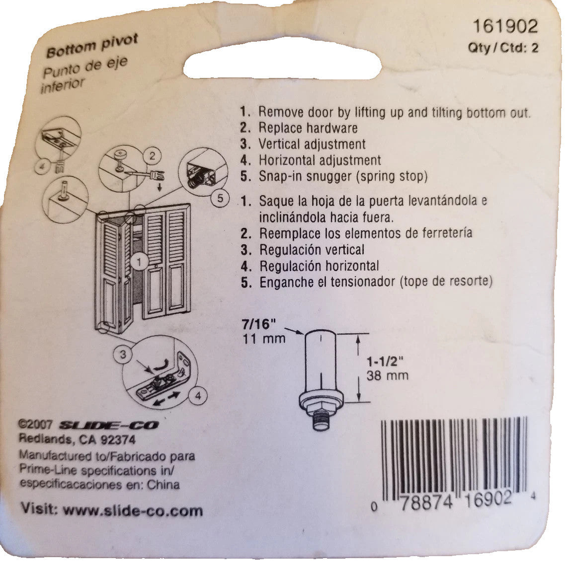 Prime-Line  Bottom mount Bi-Fold Door Pivot  White  2 pk 161902