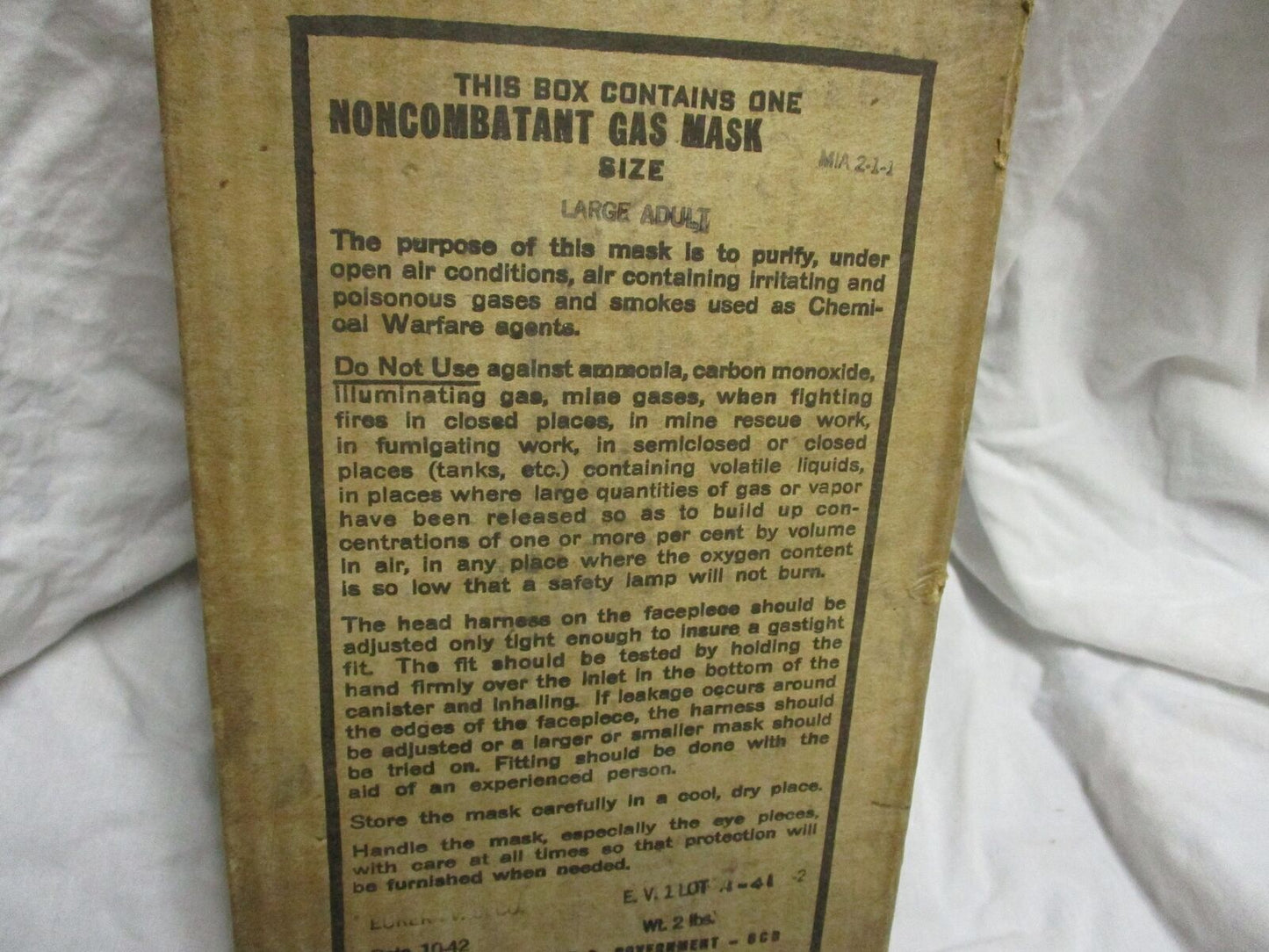 1942 Army Noncombatant Gas Mask WW2 2-1-1 Size Large With Carrying Bag
