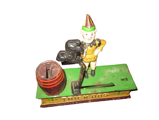Vintage Cast Iron Mechanical Coin Bank Trick Dog with Clown for Parts or Repair