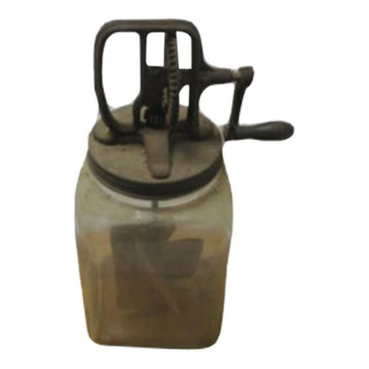 Vintage 1930s 4 Quart Butter Churn Metal Crank Wood Paddles Square Glass Jar