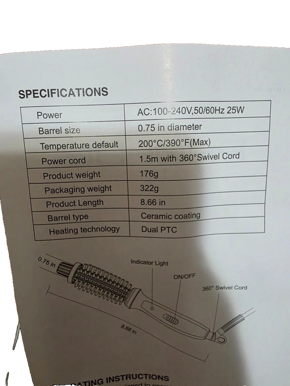 Phoebe Curling Iron Brush Anti-Scald Bristles Instant Heat up Dual Voltage Ceram