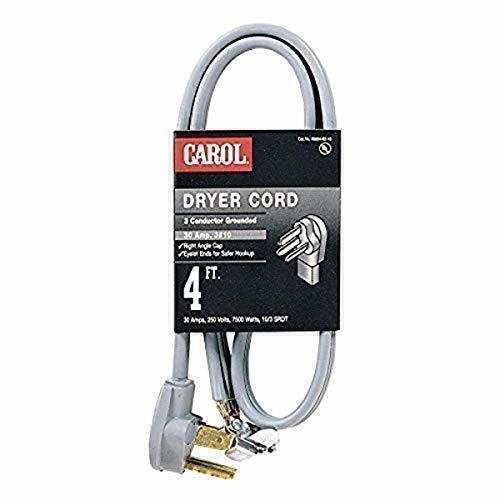 Dryer Cord, 10 AWG, 3-Conductor, 4', Gray Jacket, 250 Volts, 30 Amps, 7500 Watts