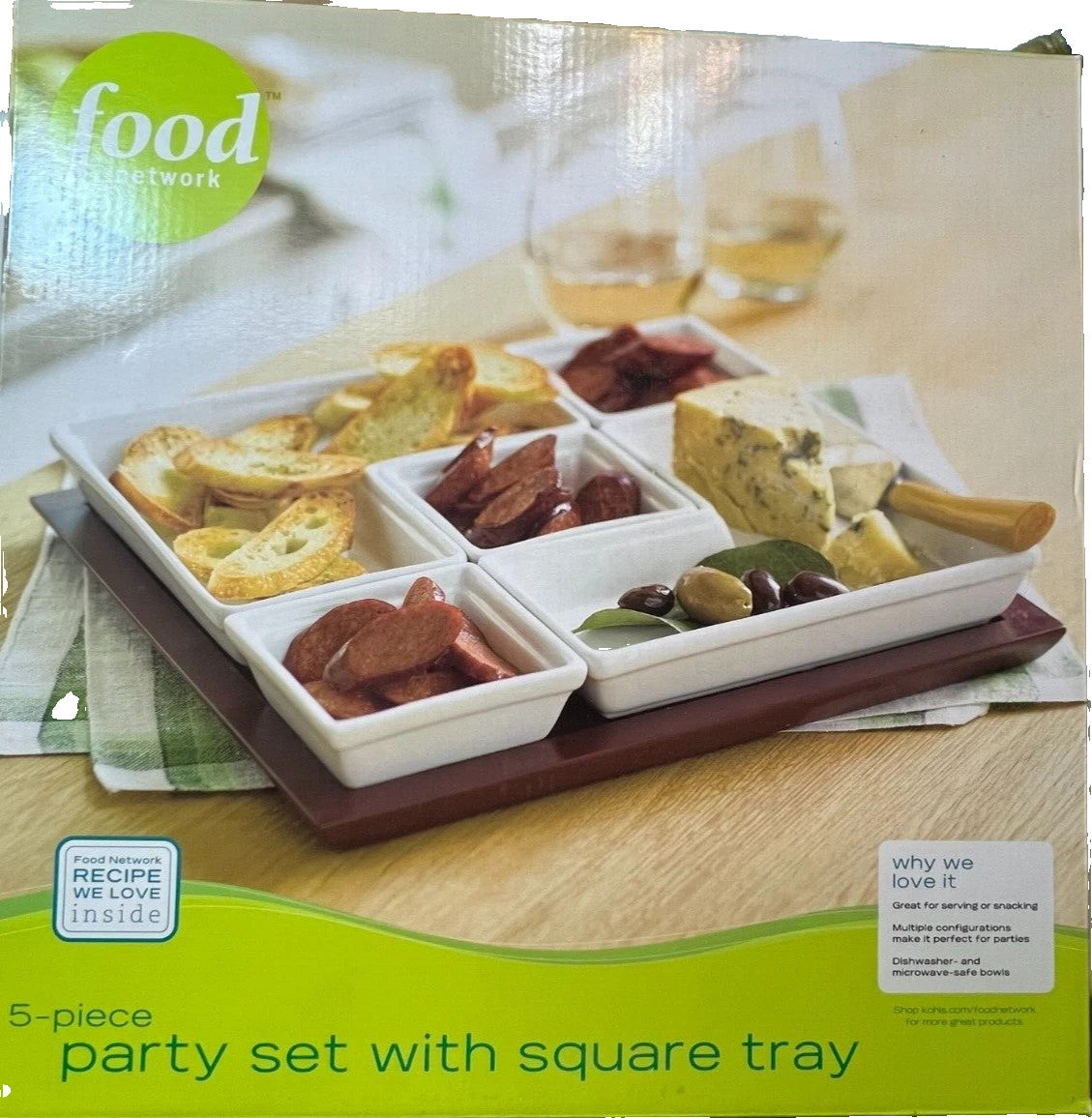 Food Network 5 Piece Party Set With Square Tray Includes Wooden Tray