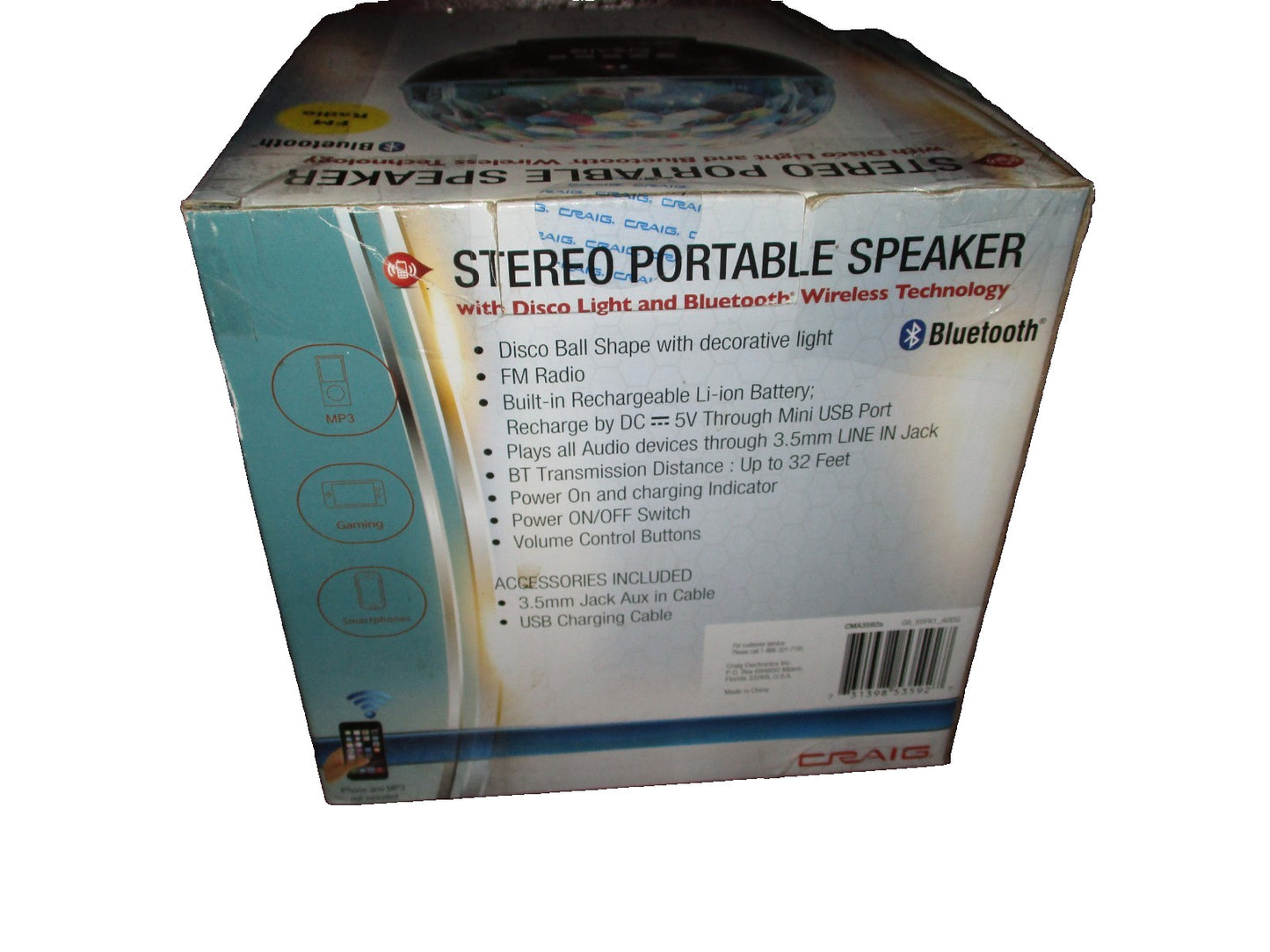 Stereo Portable Speaker Radio With Disco Light And Bluetooth Wireless Technology